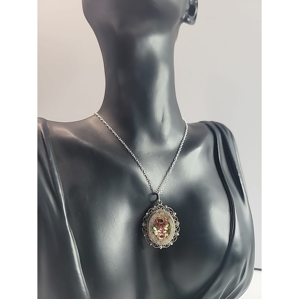 Vintage Italian Micro Mosaic Pendant Necklace Floral Filigree Marked Italy